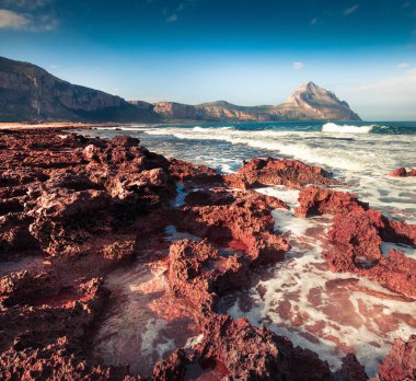 San Vito Burnu 'ndaki doğa koruma alanı Monte Cofano' da renkli bir bahar sahnesi. Akdeniz 'de sabah. Sicilya, İtalya, Avrupa.