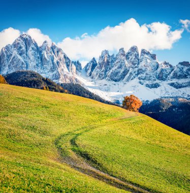 Geisler veya Odle Dolomites Grubu 'nun önündeki Santa Magdalena köyü tepelerinin etkileyici manzarası. Dolomite Alpleri 'nin renkli sonbahar sahnesi, İtalya, Avrupa. Kırsal konseptin güzelliği.
