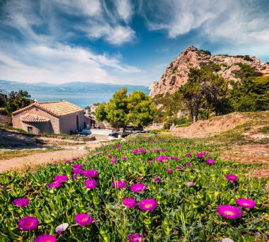 Agios Ioannis Kilisesi 'nin güneşli bahar manzarası. Perachora 'nın Batı Adliyesi, Limni Vouliagmenis, Yunanistan ve Avrupa' nın muhteşem sabah manzarası. Seyahat konsepti arka planı.
