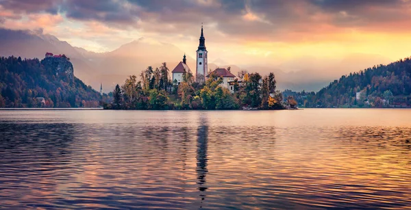 Panoramic Morning View Pilgrimage Church Assumption Maria Fantastic Autumn Scene — Stock Photo, Image