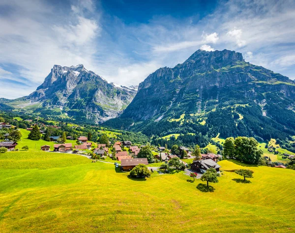 Picturesque Morning View Grindelwald Village Valley Cableway Wetterhorn Wellhorn Mountains — Stock Photo, Image