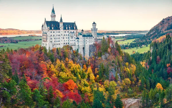 Яркий Осенний Вид Замка Нойштайн Германии Красочная Утренняя Сцена Баварских — стоковое фото