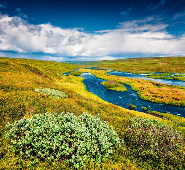 Typiskt Isländskt Landskap Med Rent Vattendrag Färgglad Sommarmorgon Island Europa — Stockfoto