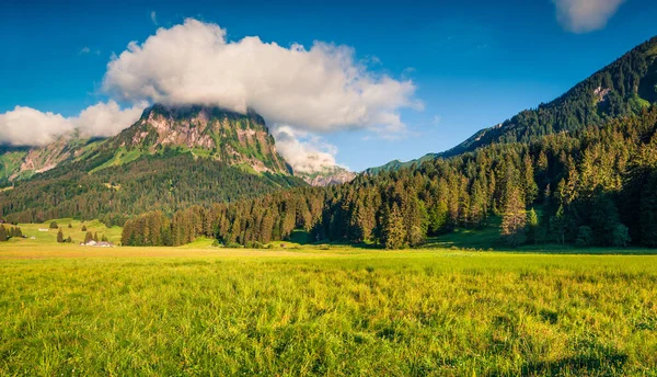 Słoneczna Letnia Scena Szczytu Nafels Kolorowy Widok Rano Alpy Szwajcarskie — Zdjęcie stockowe