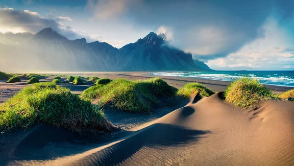 Black Sand Dunes Stokksnes Headland Southeastern Icelandic Coast Colorful Evening — Stock Photo, Image