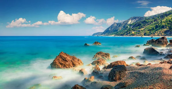 Panorama Våren Syn Avali Beach Fantastisk Morgonkustlandskap Joniska Havet Spännande — Stockfoto