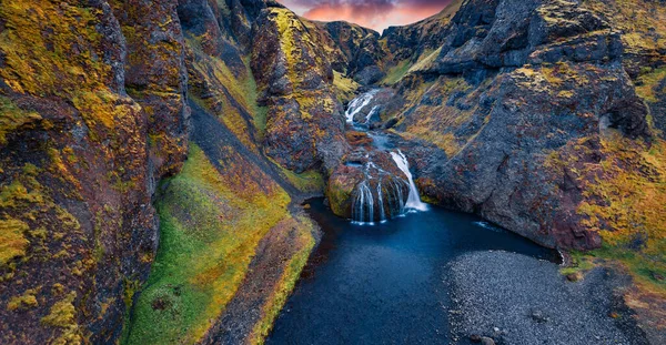 Vista Drone Voador Cachoeira Stjornarfoss Impressionante Nascer Sol Verão Islândia — Fotografia de Stock