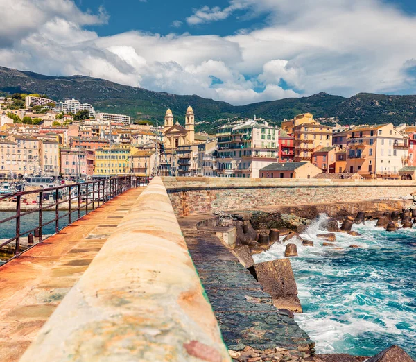 Verbazingwekkende Zomer Stadsgezicht Van Bastia Haven Met Twin Torens Kerk — Stockfoto