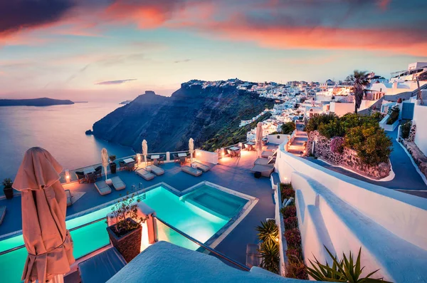 Fantastica Vista Serale Dell Isola Santorini Pittoresco Tramonto Primaverile Sulla — Foto Stock