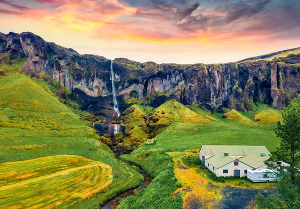 Fantastic Summer View Foss Sidu Waterfall Incredible Sunrise Iceland Europe — Stock Photo, Image