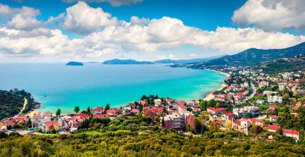 Aerial view of Paleo Tsifliki village. Colorful spring morning on the Aegean Sea. Beautiful marine panorama of Greece. Beauty of countryside concept background. Artistic style post processed photo.