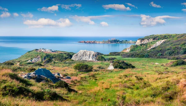 Působivá Jarní Krajina Pláži Mania Barevná Ranní Scéna Ostrova Cephalonia — Stock fotografie