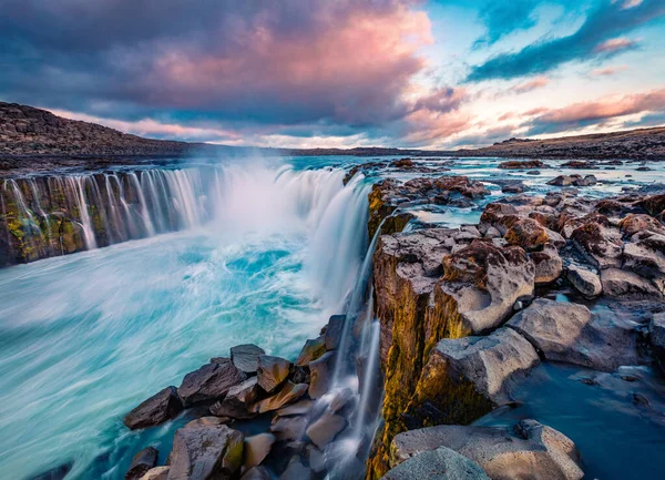 Splendida Vista Estiva Della Cascata Selfoss Pittoresca Alba Sul Fiume — Foto Stock