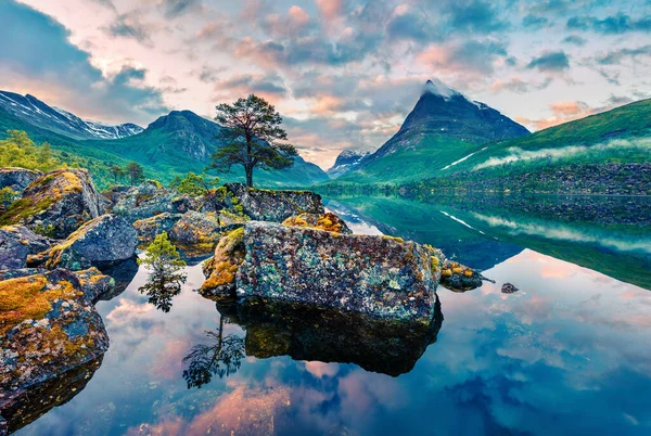 Ovanlig Sommarsoluppgång Innerdalsvatna Sjö Färgstark Morgonscen Norge Europa Skönhet Natur — Stockfoto