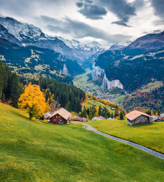 Vista Desde Avión Tripulado Volador Del Pueblo Wengen Distrito Lauterbrunnen —  Fotos de Stock