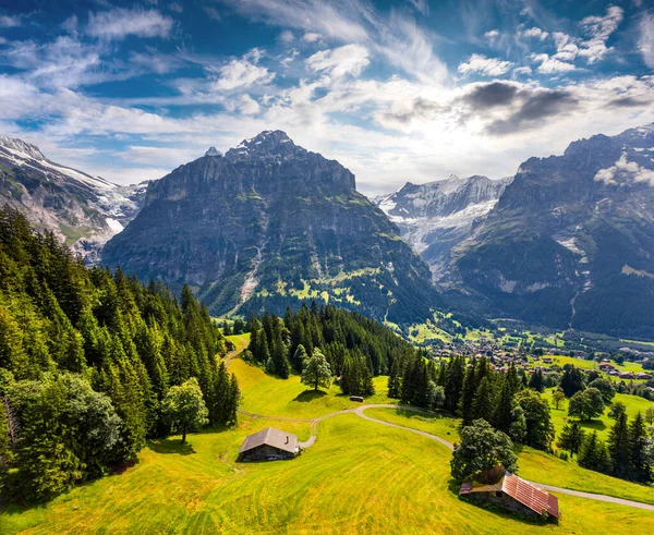 Kolorowy Widok Rano Grindelwald Doliny Wsi Kolejki Linowej Góra Wetterhorn — Zdjęcie stockowe