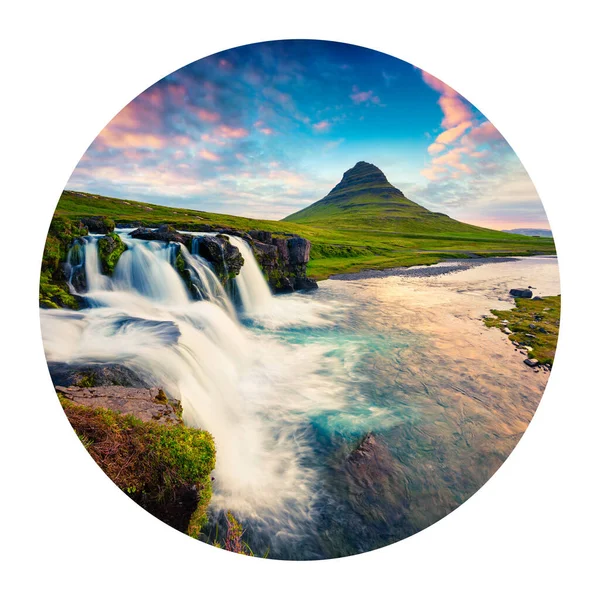Round icon of nature with landscape. Spectacular summer sunset on famous Kirkjufellsfoss Waterfall and Kirkjufell mountain, Iceland, Europe. Photography in a circle.