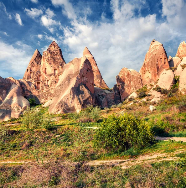 Barevná Jarní Scéna Cappadocie Malebný Ranní Pohled Údolí Rudé Růže — Stock fotografie