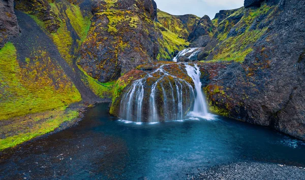 Blick Von Der Fliegenden Drohne Auf Den Wasserfall Stjornarfoss Atemberaubende — Stockfoto