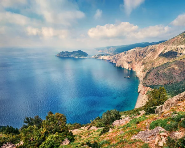 Vista Aérea Primavera Península Asos Ciudad Romántico Paisaje Marino Matutino — Foto de Stock