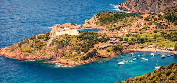 View from flying drone of Port de Girolata - place, where you can\'t get by car. Colorful summer scene of Corsica island, France, Europe. Panoramic Mediterranean seascape.