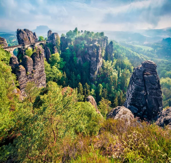 Splendid Morning View Sandstone Cliff Saxony Switzerland Bastei Bridge Foggy — Stock Photo, Image