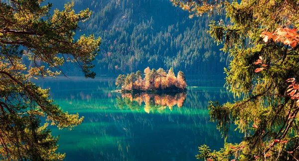 Picturesque Autumn Scene Eibsee Lake Colorful Morning View Small Island — Stock Photo, Image