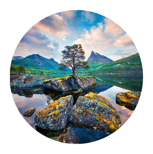 Round icon of nature with landscape. Fantastic summer sunrise on Innerdalsvatna lake. Calm  morning scene of Norway, Europe. Photography in a circle.