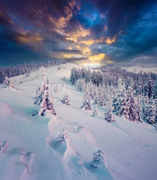 Cena Escura Inverno Nas Montanhas Pôr Sol Dramático Nos Cárpatos — Fotografia de Stock