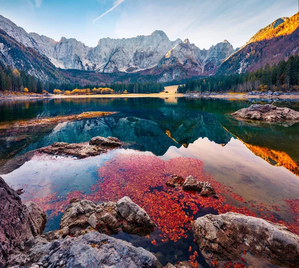 Bunte Herbst Blick Auf Fusine See Fantastische Morgenszene Der Julischen — Stockfoto