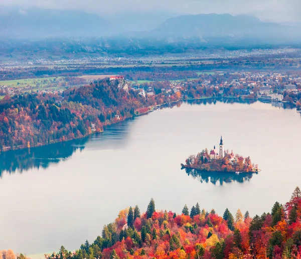 Aerial View Church Assumption Maria Bled Lake Foggy Autumn Landscape — Stock Photo, Image