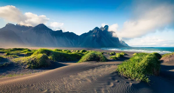 Black Sand Dunes Stokksnes Headland Southeastern Icelandic Coast Colorful Evening — Stock Photo, Image