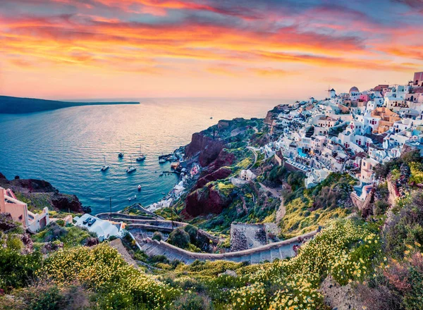 Vista Serale Esotica Dell Isola Santorini Dal Famoso Punto Vista — Foto Stock