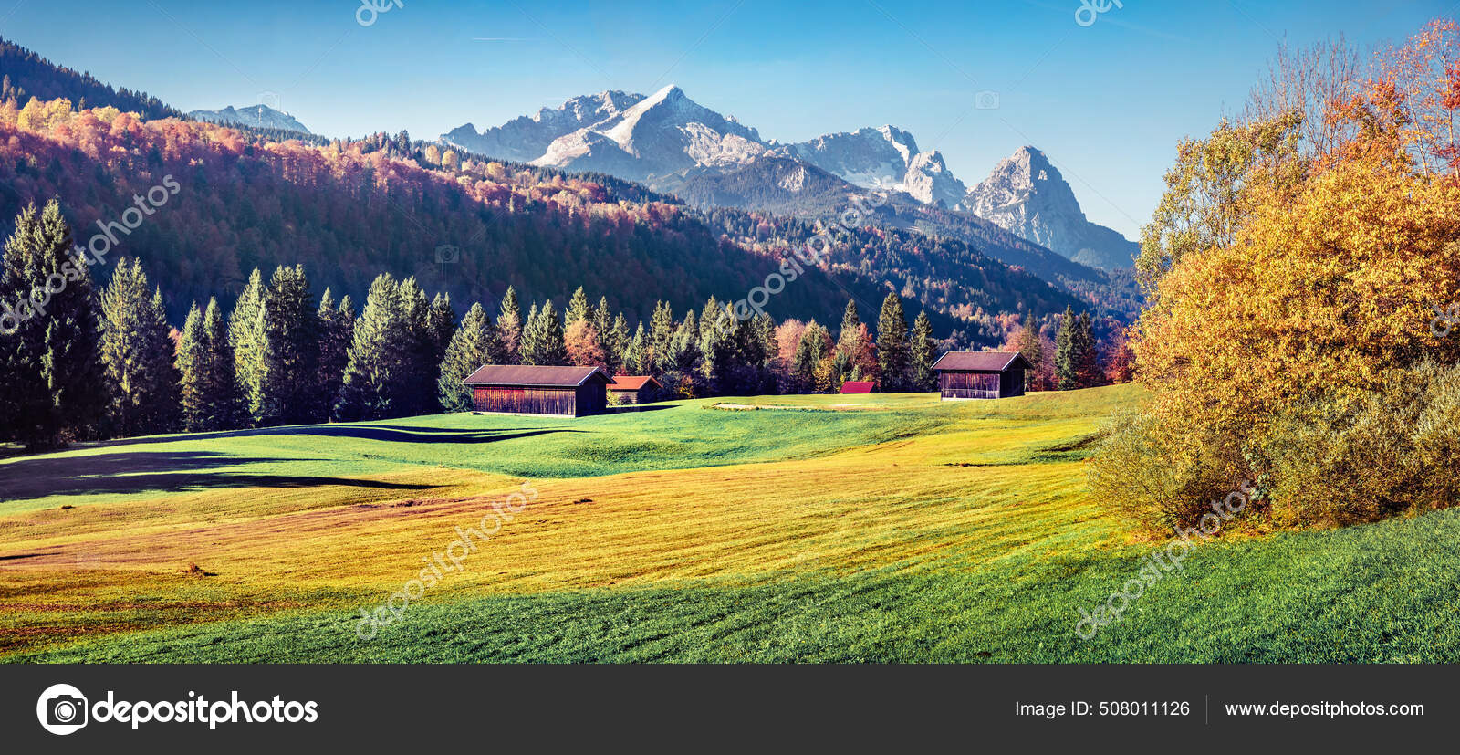 Captivating Morning Scene Zugspitze Mountain Range Panoramic Autumn View  Bavarian — Stock Photo © AndrewMayovskyy #508011126, image size:1600x827