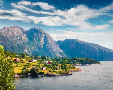 Fiyort kıyısındaki tipik Norveç köyünün resimli yaz manzarası. Seyahat konsepti arka planı