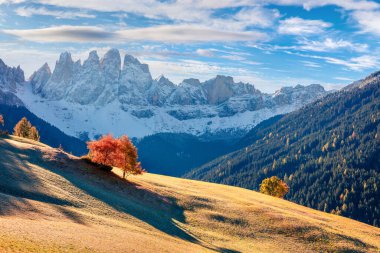 Geisler veya Odle Dolomites Grubu 'nun önündeki Santa Maddalena köyünün muhteşem manzarası. Dolomite Alpleri 'nin renkli sonbahar sahnesi, İtalya, Avrupa. Doğa konseptinin güzelliği.