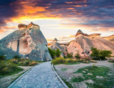 Asya 'nın Orta Anadolu Bölgesi' nde Nevsehir ilinin Kapadokya ilçesi Cavusin köyü yakınlarındaki dağ kanyonunda fantastik mantar formları. Doğa konseptinin güzelliği.