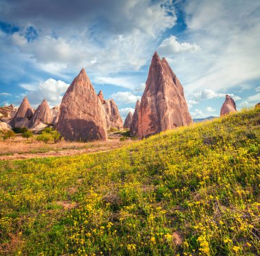 Cappadocia 'nın güneşli bahar manzarası. Nisan ayındaki Kırmızı Gül Vadisi manzarası. Nevsehir ilçesinin bulunduğu Cavusin köyü, Türkiye, Asya. Seyahat konsepti arka planı.