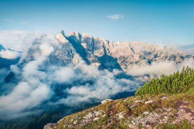 Gruppo Del Cristallo 'nun Tre Cime Di Lavaredo Ulusal Parkı' ndaki muhteşem yaz manzarası. Dolomite Alpleri, İtalya, Avrupa 'nın göz kamaştırıcı sabah manzarası. Doğa konseptinin güzelliği. 