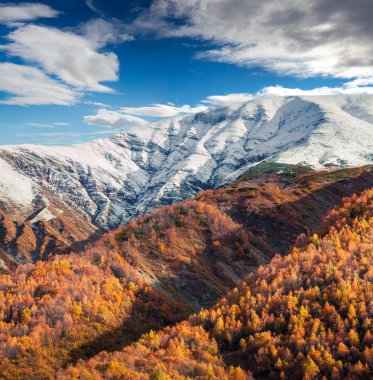 Kafkas dağlarında renkli yamaçlar. Yukarı Svaneti, Ushguli köyü, Gürcistan, Avrupa 'da güzel bir açık hava sahnesi. İşlenmiş fotoğraf sonrası sanatsal stil.