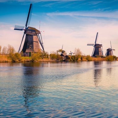 Hollanda 'daki kanalda güneşli bir bahar sahnesi. UNESCO 'nun dünya mirası olan Kinderdijk' teki Hollanda yel değirmenleri. Tipik Hollanda manzarası.