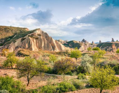Cappadocia 'nın muhteşem bahar sahnesi. Nisan ayındaki Kırmızı Gül Vadisi manzarası. Nevsehir ilçesinin bulunduğu Cavusin köyü, Türkiye, Asya. Instagram filtre tonu
