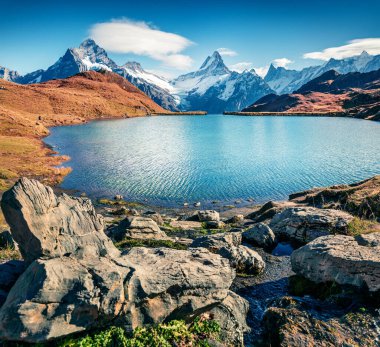 Arka planda Wetterhorn ve Wellhorn zirveleri olan Bachsee Gölü 'nün güneşli sonbahar sahnesi. Bernese Oberland Alplerinde parlak bir yaz sabahı, Grindelwald konumu, Innertkirchen, İsviçre, Avrupa.