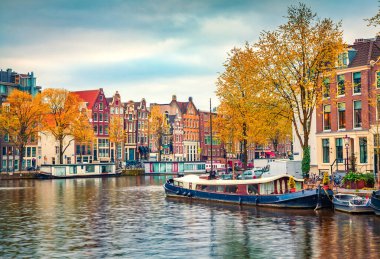 Amsterdam şehrinin muhteşem sonbahar sahnesi. Meşhur Hollanda kanalları ve harika şehir manzarası. Hollanda, Avrupa 'da renkli bir sabah manzarası. Seyahat konsepti arka planı