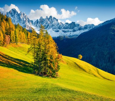 Geisler veya Odle Dolomites Grubu 'nun önündeki Santa Maddalena köyünün muhteşem manzarası. Dolomite Alpleri 'nin renkli sonbahar sahnesi, İtalya, Avrupa. Doğa konseptinin güzelliği.