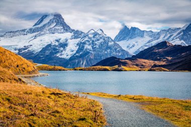Bachalp Gölü / Bachalpsee, İsviçre kasvetli sabah manzarası. İsviçre Alpleri, Grindelwald, Bernese Oberland, Avrupa 'nın görkemli sonbahar sahnesi. Doğa konseptinin güzelliği.