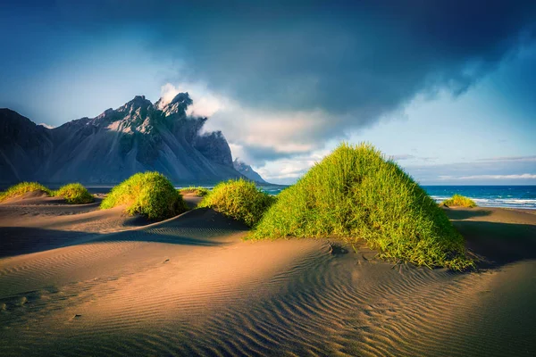 Fantastic Summer Scene Black Sand Dunes Stokksnes Headland Southeastern Icelandic — Stock Photo, Image