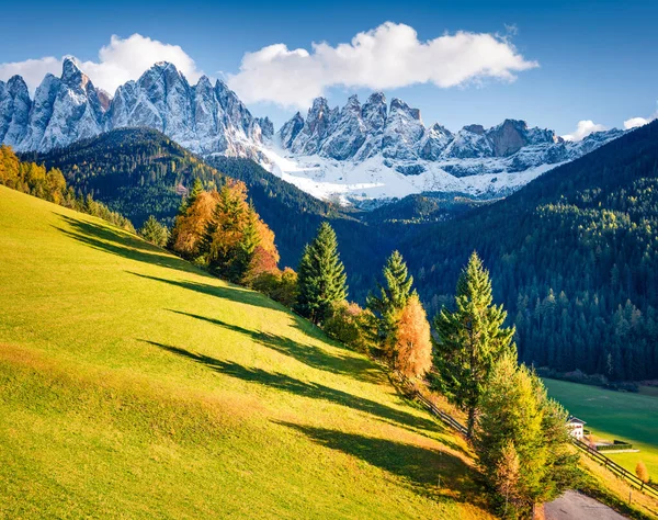 GeislerまたはOdle Dolomites Groupの前にサンタ マグダレナ村の丘の印象的な景色 ドロマイトアルプス イタリア ヨーロッパのカラフルな秋のシーン 田舎のコンセプトの背景の美しさ — ストック写真