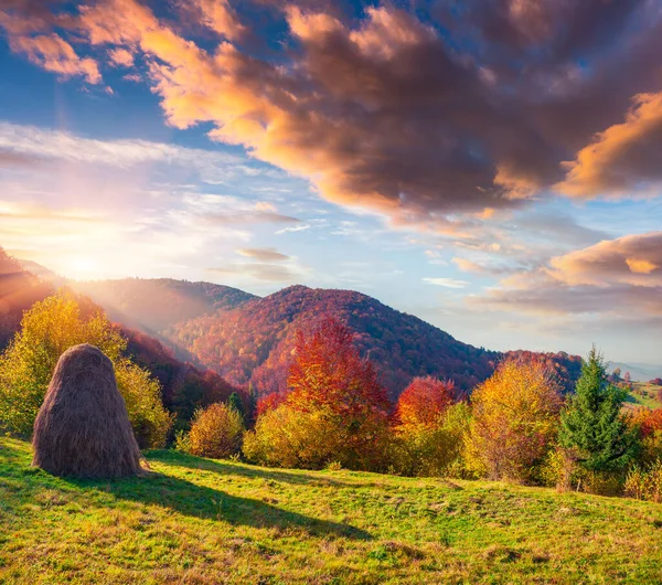 Colorida Mañana Otoño Cárpatos Dramático Amanecer Pueblo Montaña Ucrania Europa —  Fotos de Stock
