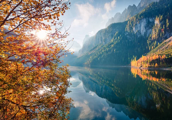 Bunte Herbstszene Vorderer Gosausee Toller Morgenblick Auf Die Österreichischen Alpen — Stockfoto